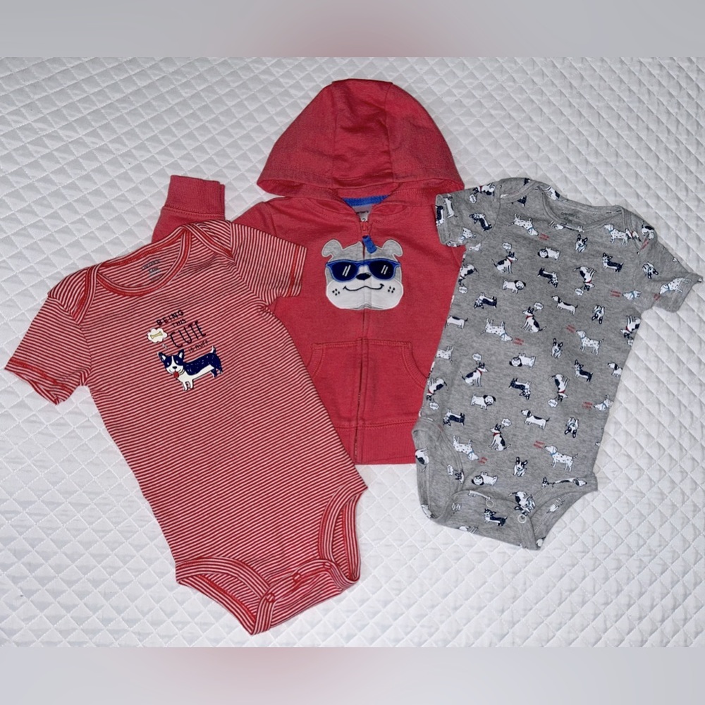 Carter’s 3-pc lot Infant Boy Dog Puppy Theme One Piece Outfits & Hoodie 12 month